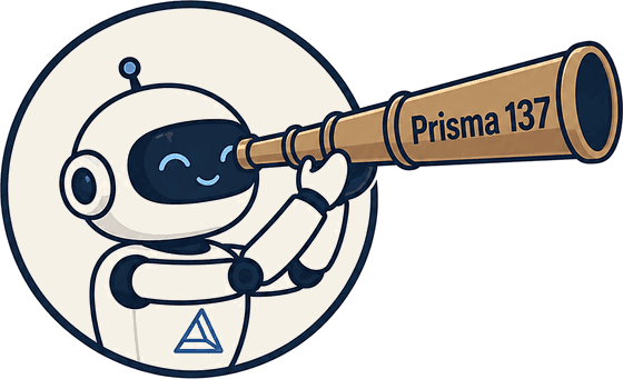 La mascota de Prisma 137: un robot mirando por un catalejo con el nombre de la marca.